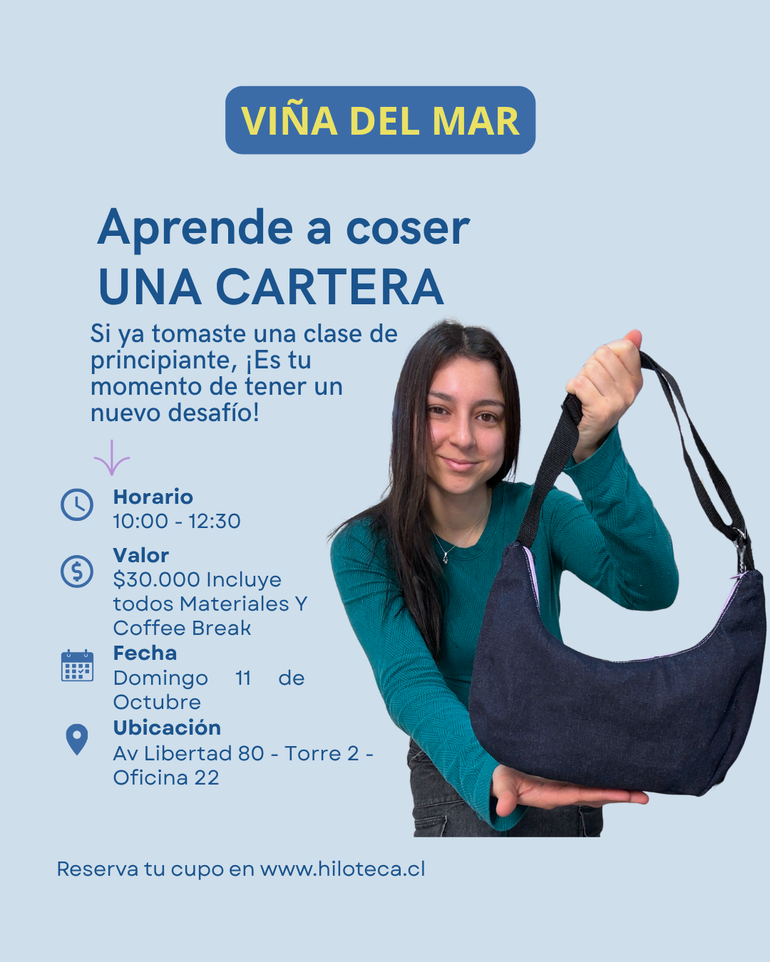 Clase Aprende a coser Carteras (Viña del Mar) 11 Octubre 10:00